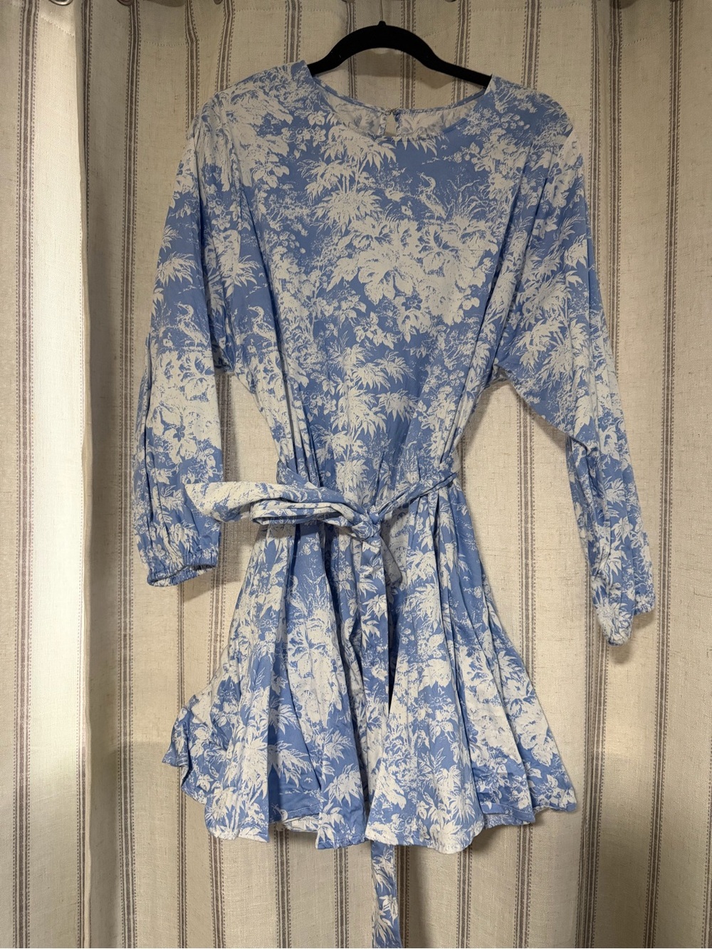 Aqua Blue and White Floral Tie-Waist Long Sleeve Dress